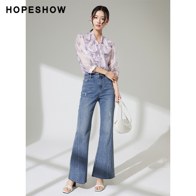 红袖outlets碎花雪纺衫hopeshow2023夏季新款女装荷叶边别致上衣