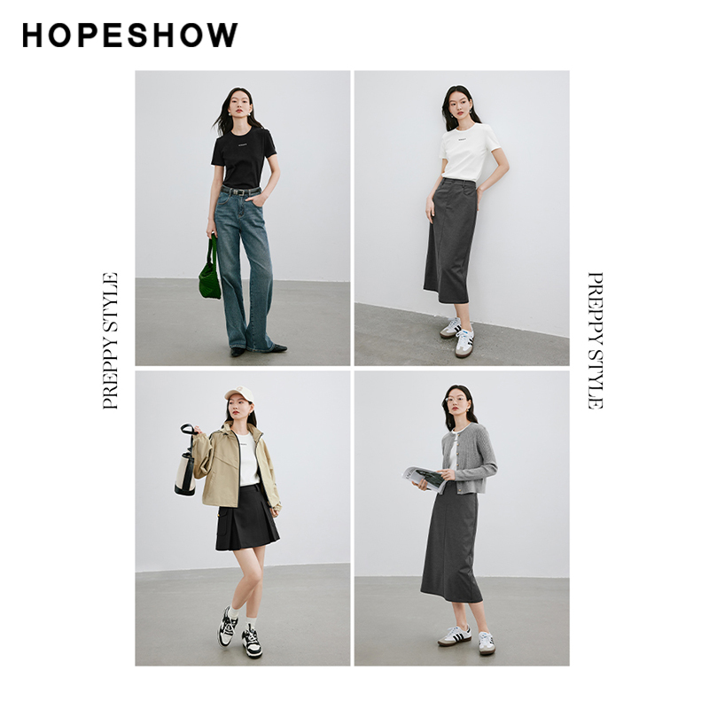 红袖撞色字母圆领套头T恤hopeshow2024春季新款纯色通勤休闲短袖 - 图0