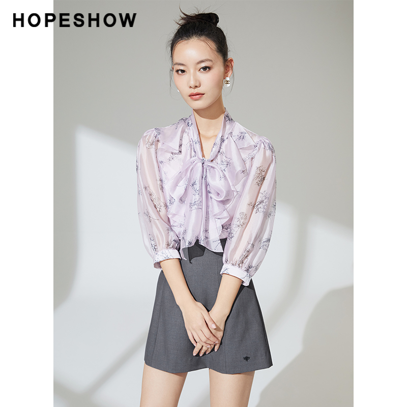 红袖outlets碎花雪纺衫hopeshow2023夏季新款女装荷叶边别致上衣