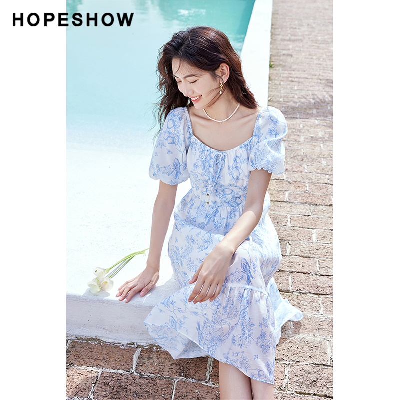 红袖outlets泡泡袖连衣裙hopeshow2023夏季新款女气质减龄碎花裙 - 图1