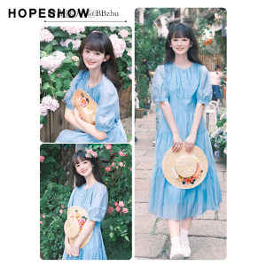 红袖outlets灯笼袖连衣裙hopeshow2023夏季新款女装花边收腰裙子