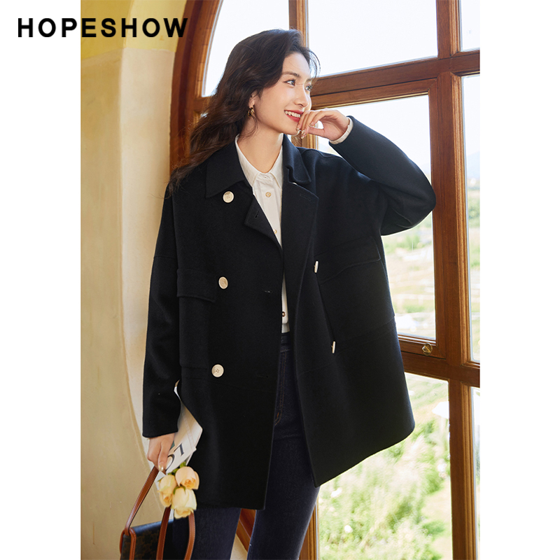 红袖outlets落肩翻领大衣外套时尚毛呢