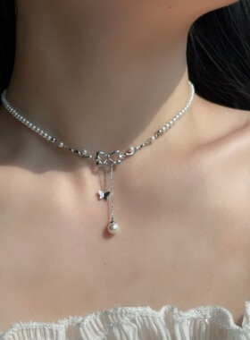 不掉色蝴蝶结项珠珠链女轻奢小众设计感精致锁骨链高级颈链女生