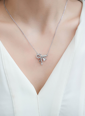 堤喜纯银蝴蝶结吊坠项链镶钻