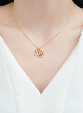 堤喜纯银几何爱心钥匙项链镶钻