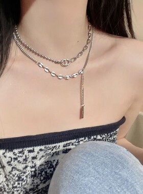 双层叠戴流苏项链女夏轻奢高级设计感小众ins嘻哈气质锁骨毛衣链