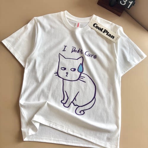 【i don't car】猫咪短袖趣味英文美式宽松纯棉T恤男女文艺小众 - 图0