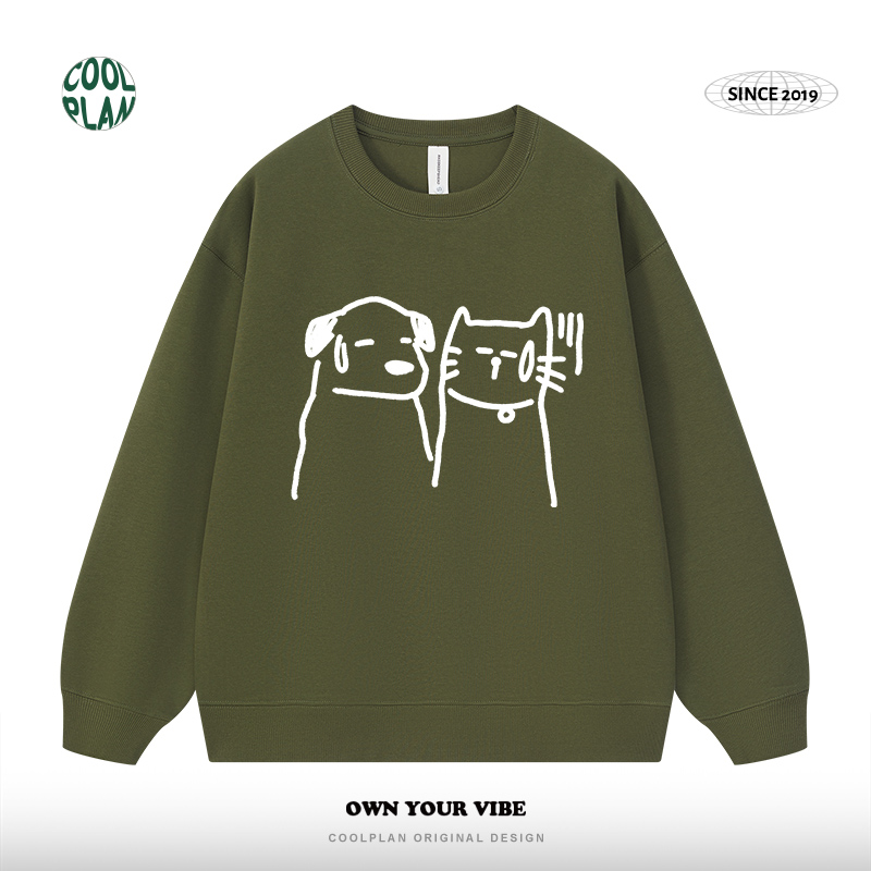 【有被无语到】创意手绘涂鸦卡通猫狗嘻哈情侣上衣厚圆领卫衣男女 - 图2