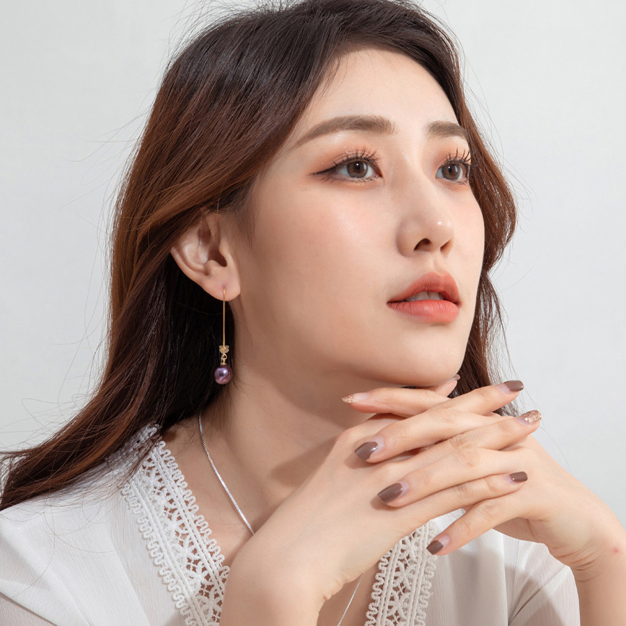 韩国气质纯银耳线10mm紫色流苏耳坠 多诗丽耳线