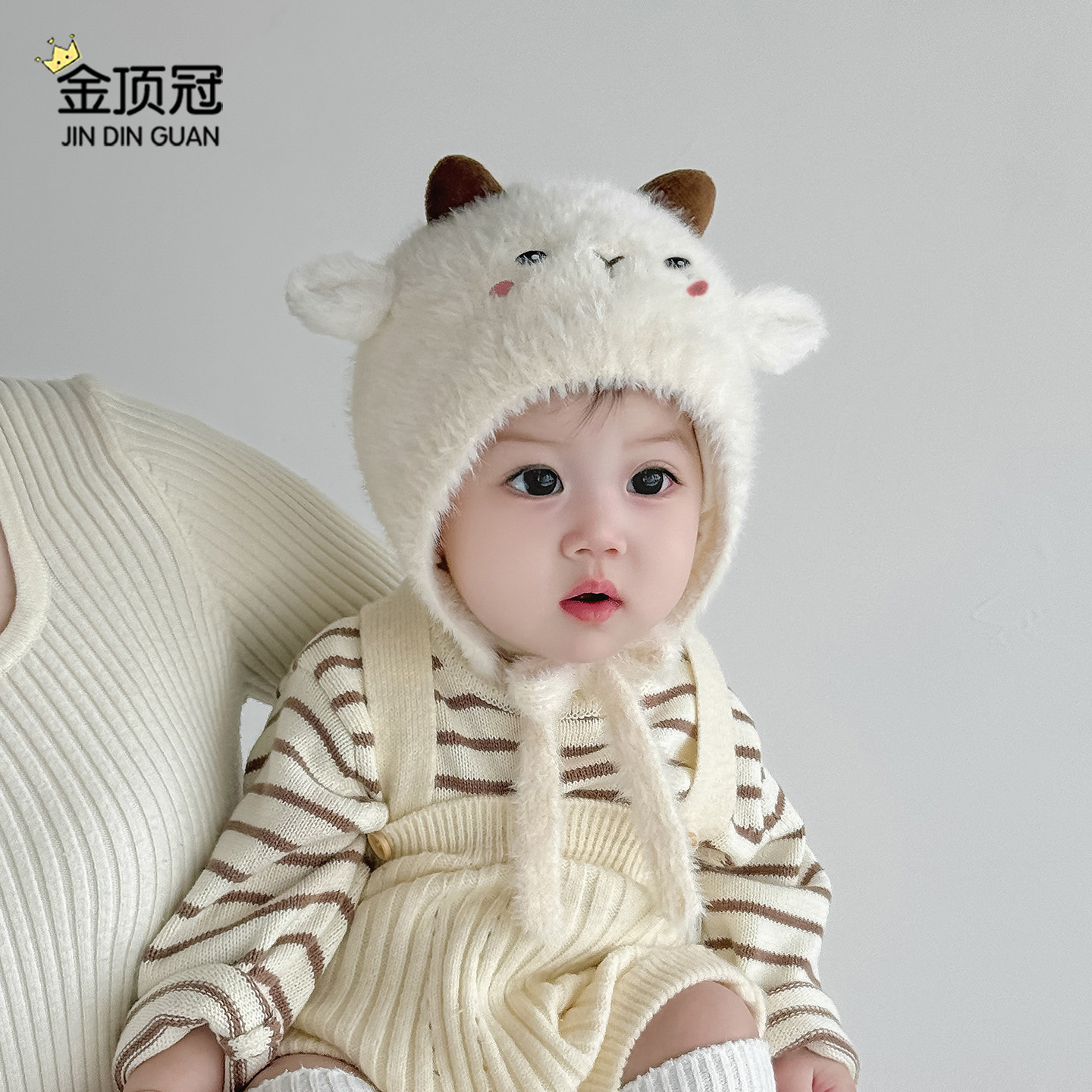 婴儿帽子冬季毛绒护耳帽男女宝宝保暖防风加厚针织帽小月龄外出帽