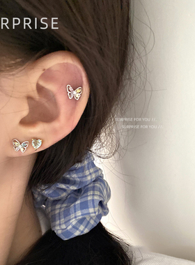 Surprise 999纯银蝴蝶耳钉女养耳洞螺丝拧扣耳骨环小众高级感耳饰