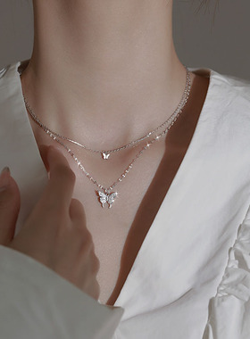 足银999双层蝴蝶项链女