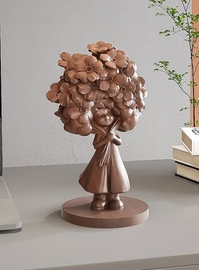 艺术女孩摆件木雕工艺品手工雕刻办公室书桌生日礼X物创意装饰品