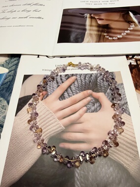 天然水晶紫水晶黄水晶全净体S925纯银串珠原创项链46cm