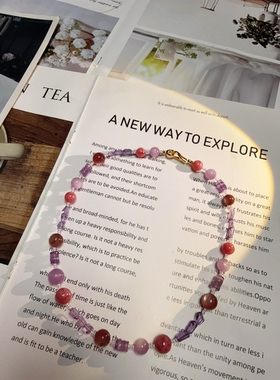 天然水晶粉锂云母紫锂辉紫水晶樱花雨S925纯银串珠原创项链46cm