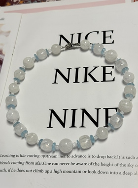 天然水晶雪花幽灵托帕铜镀真金串珠设计项链46cm