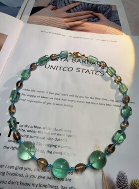 天然水晶萤石黑尖晶白水晶海蓝宝托帕铜镀真金串珠原创项链46cm