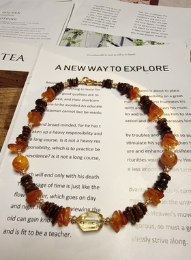 天然石榴石古铜石蜜蜡黄水晶铜镀真金原创串珠项链46cm