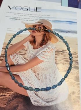 天然蓝托帕绿水晶橄榄海蓝宝黄铜镀金S925纯银串珠原创设计项链