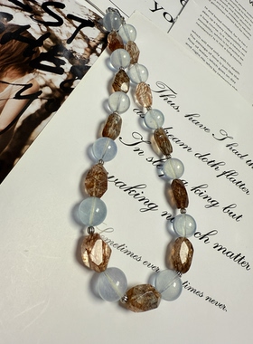 天然水晶黑金超七海蓝宝S925纯银串珠原创设计项链46cm