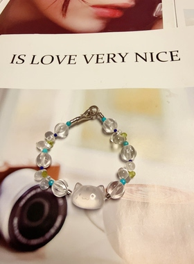 天然水晶白水晶松石粉水晶橄榄青金石黄铜镀金项链手链46cm