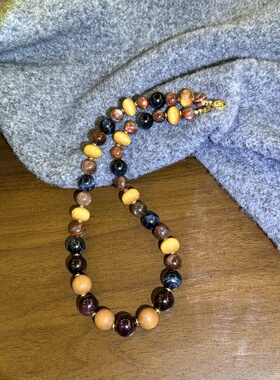 天然水晶金太阳与星辉骨干虎眼老山檀铜镀真金原创串珠项链42cm