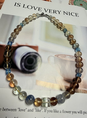 天然水晶香槟托帕海蓝宝绿幽灵蓝晶S925纯银手作项链46cm