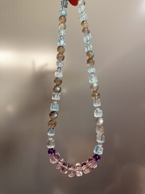 天然水晶托帕紫水晶灰月光S925银手作原创项链46cm