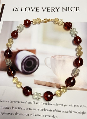 天然水晶琥珀黄水晶绿水晶S925纯银原创设计串珠项链46cm