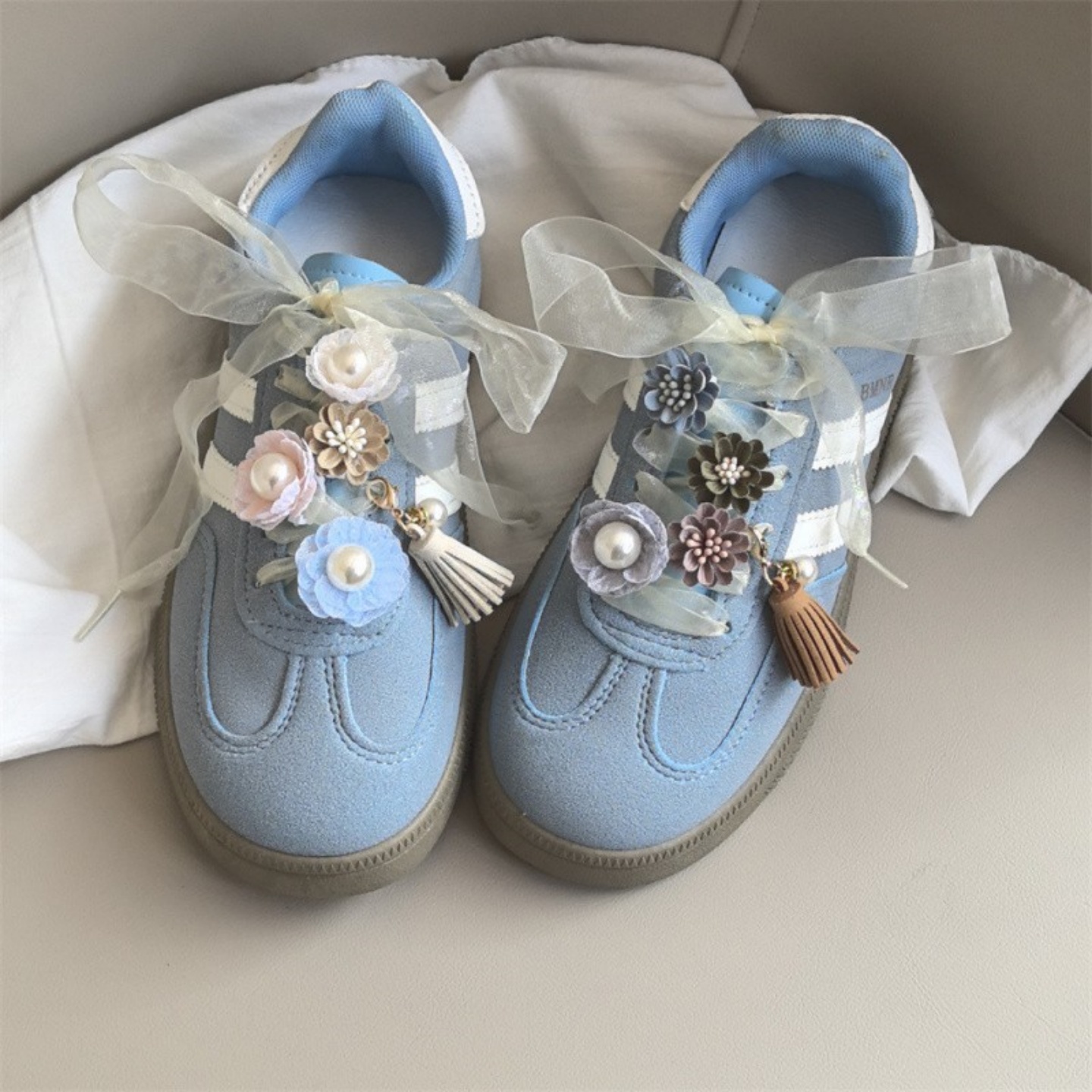 适配miu系小香风珍珠花朵鞋扣高级感流苏挂件蕾丝网纱鞋带装饰潮 - 图1