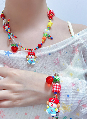 Liya手作hellokitty苹果狗狗项链多巴胺彩色苹果星星串珠锁骨链女