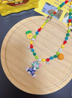 Liya手作南瓜甜点彩色串珠项链画家猫吊坠配饰个性甜酷锁骨链颈链