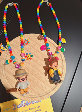 原创手工卡通可爱少女蒙奇奇姐弟个性夸张爱心项链中古网红毛衣链