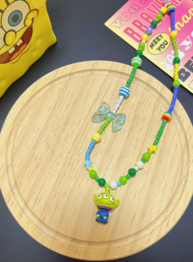 原创大眼仔小怪兽三眼仔彩色串珠项链颈链吊坠多巴胺个性搞怪饰品