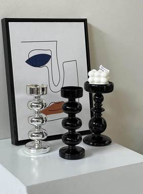 ins法式玻璃烛台北欧新年轻奢简约居家黑色银色实木复古装饰摆件