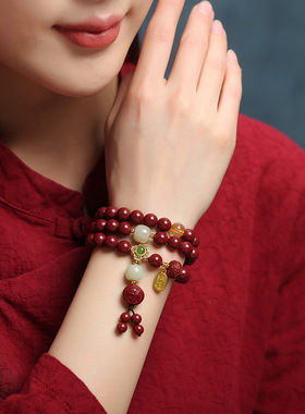 原矿朱砂生肖多圈手串女和田玉本命年马年紫金砂手链男