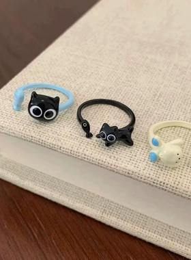 搞怪黑色小猫咪小黑开口戒小众可爱学生百搭情侣戒指潮