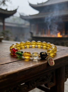 五路财神寺庙同款仿黄水晶手串轻奢感复古民族风黄塔晶手链女