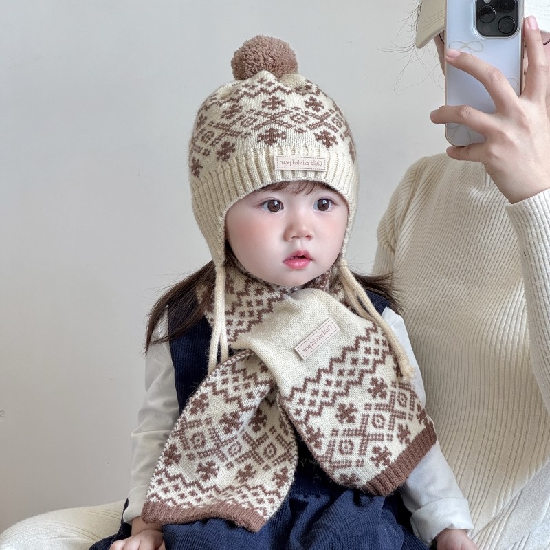 宝宝帽子围巾套装秋冬季雪花毛球儿童保暖毛线帽户外婴儿护耳帽子,淘宝优惠券,粉丝福利购,淘宝优惠卷
