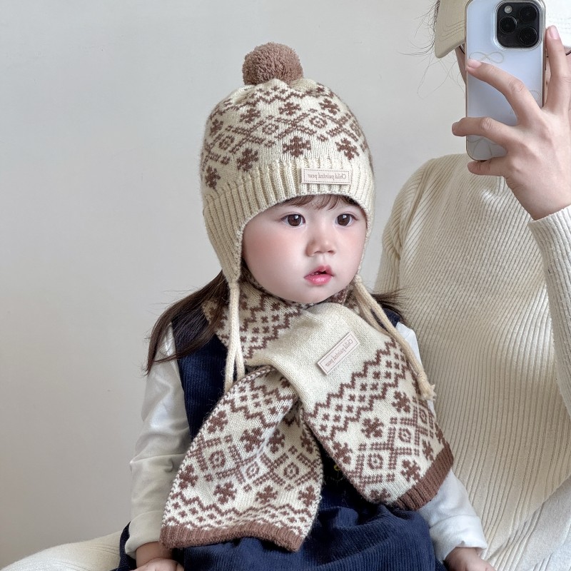 宝宝帽子围巾套装秋冬季雪花毛球儿童保暖毛线帽户外婴儿护耳帽子,淘宝优惠券,粉丝福利购,淘宝优惠卷