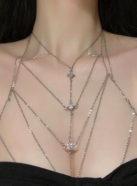 锆石流苏多层叠戴胸链披肩项链设计感个性气质时尚锁骨链项链女潮