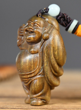 绿檀木雕刻布袋弥勒佛木质文玩手把件钥匙扣汽车内饰挂件工艺品