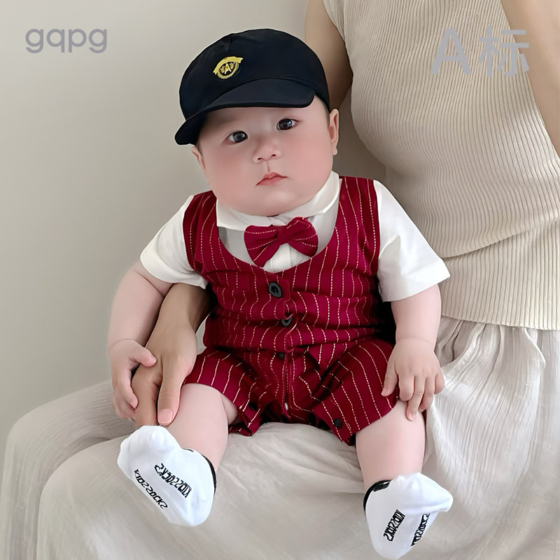 宝宝一周岁礼服男满月服百日天抓周岁服婴儿酒红连体衣春夏季装