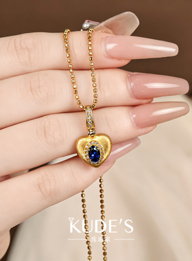 KUDE’S库迪家0.61克拉培育蓝宝石爱心项链手工拉丝复古KD3324