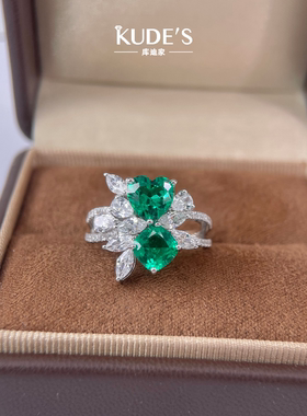 库迪家祖母绿方钻复古925银针戒