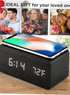 Wireless charging Digital alarm clock Wooden LED alarm clock