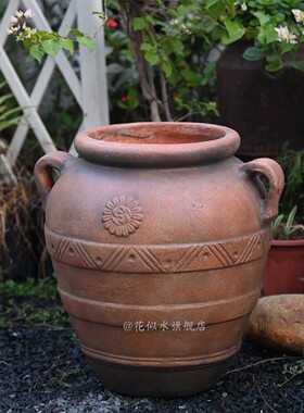 复古仿陶土圆形花盆双耳