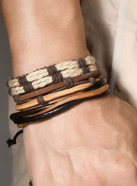 边水往事但拓同款手工编织手链痞帅牛皮麻绳男女潮流复古多层手环