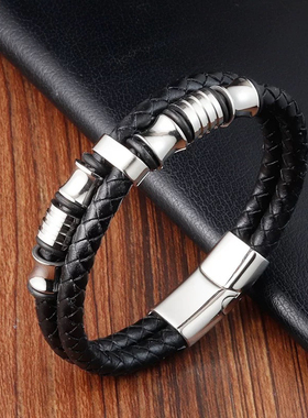 黑色皮绳牛皮男士双层不锈钢真皮编织手链手工多层皮革手镯L19140