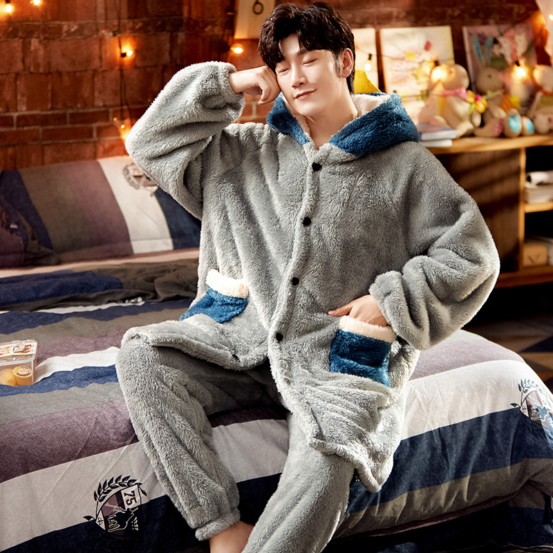 倩缇歌旗舰店情侣珊瑚绒睡衣女秋冬加绒加厚卡通宽松保暖法兰绒家居服套装男士2